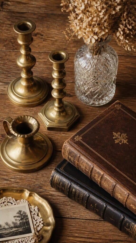 Styled flat lay of thrifted brass candlesticks, a cut glass vase, and leather books arranged together