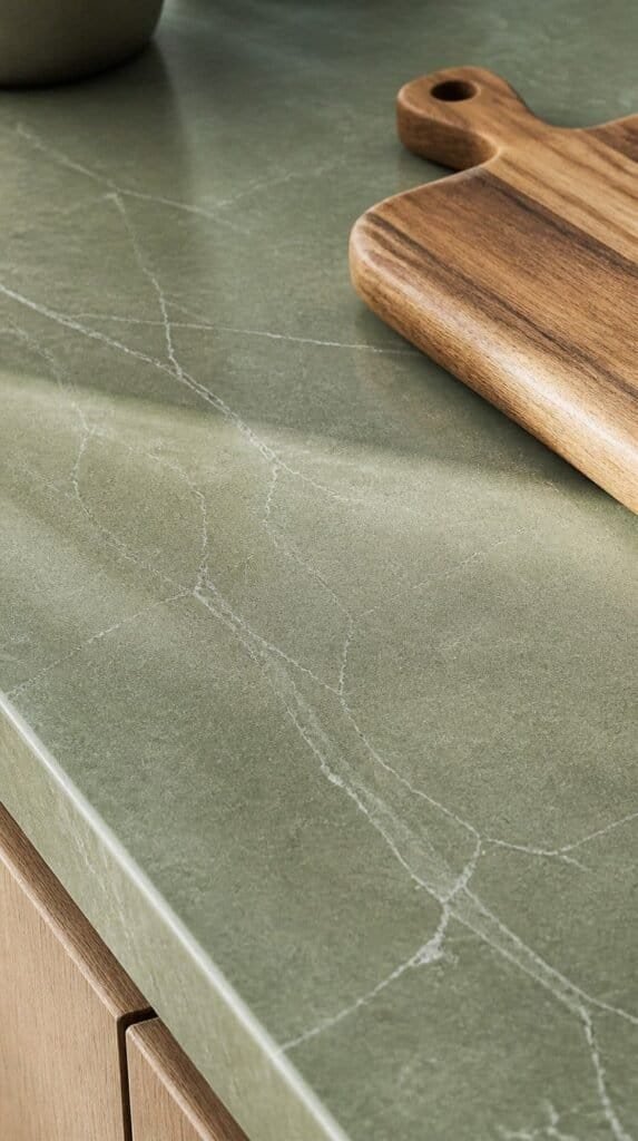 Close up of green quartz kitchen countertop with subtle veining