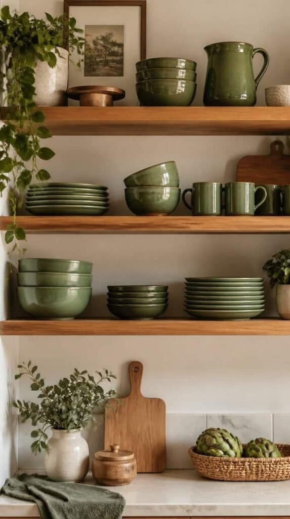 Open wood shelving styled with green ceramic bowls, plates, and mugs