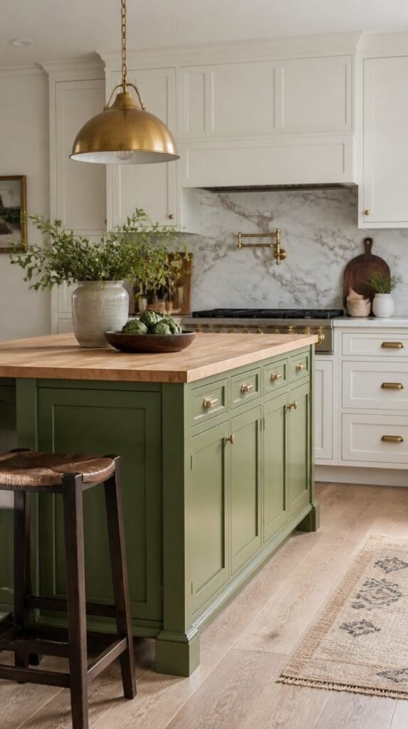 Wasabi green kitchen island with wood countertop against white cabinetry