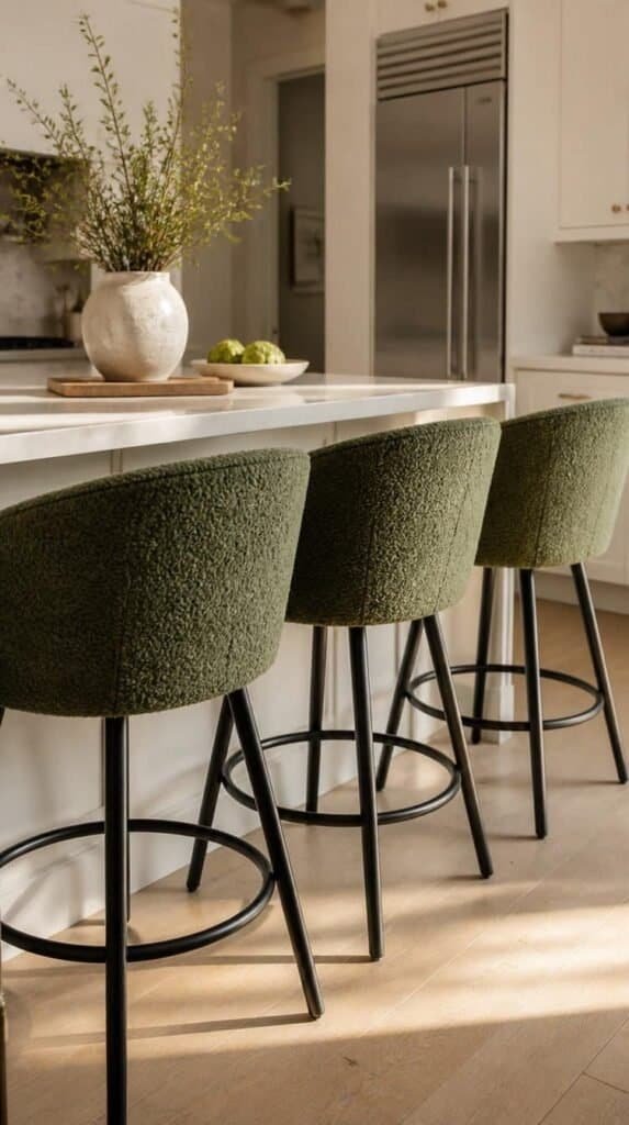 Green upholstered bar stools at a white kitchen island -wasabi green kitchen decor