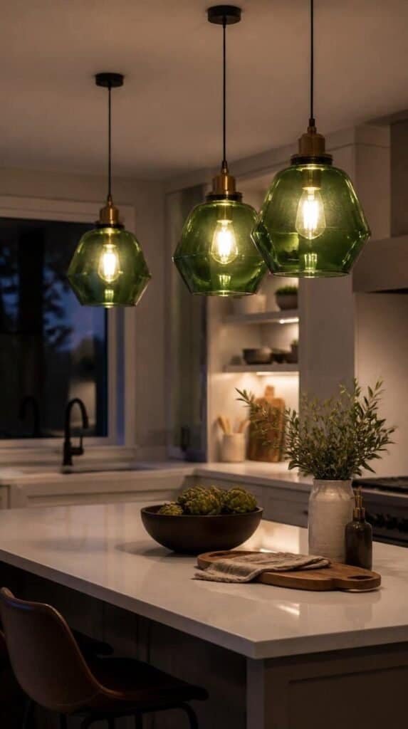 Green glass pendant lights hanging over a kitchen island