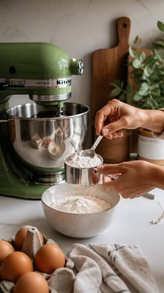 Green stand mixer on a kitchen countertop with a bowl of flour nearby