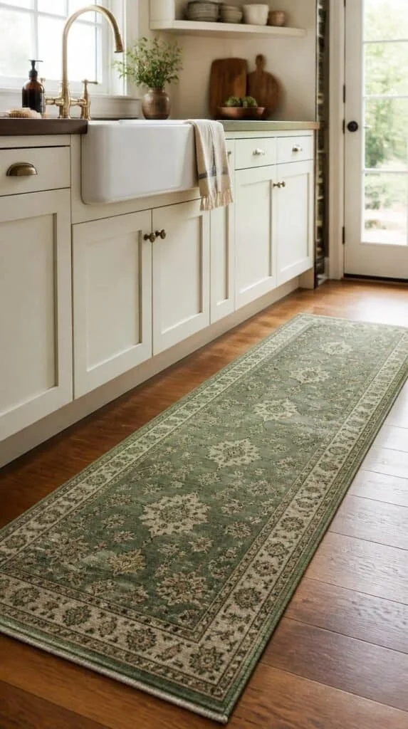 Green kitchen runner rug on wood floors in front of the sink