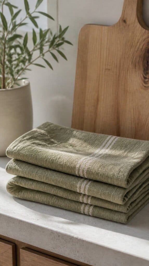 Folded green dish towels stacked on a kitchen counter beside a wood cutting board