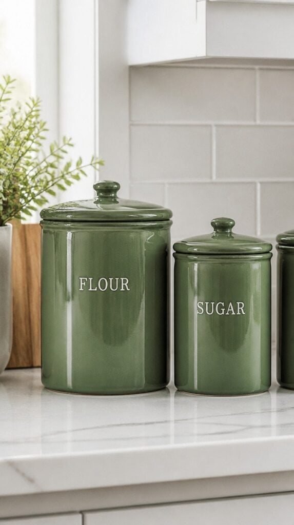 Green ceramic canisters lined up on a kitchen counter holding flour and sugar