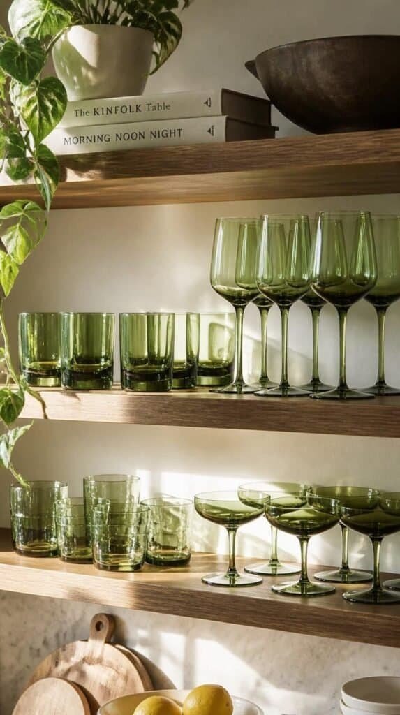Green glass drinkware displayed on open kitchen shelving