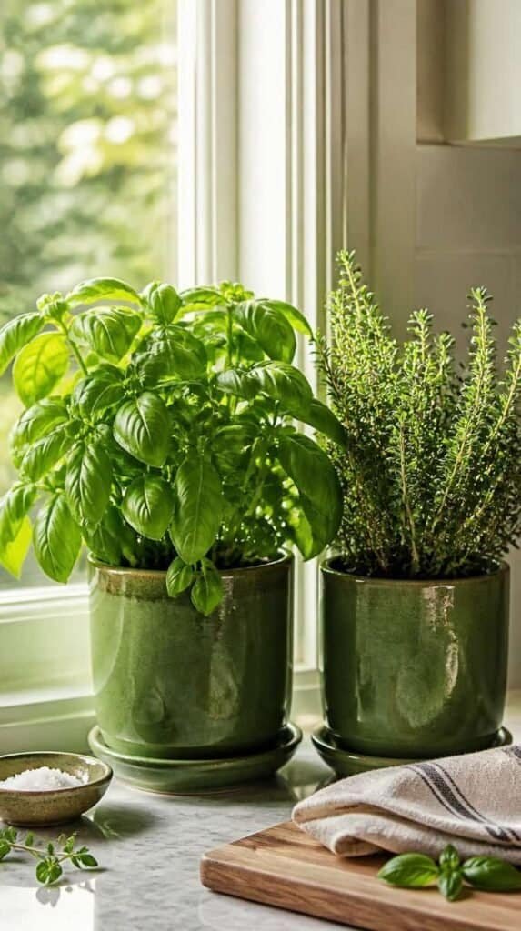 Potted herbs in green ceramic pots on a sunny kitchen windowsill