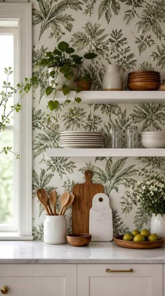 Green botanical wallpaper behind open kitchen shelving