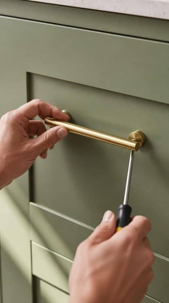 Close up of brass cabinet pulls on wasabi green kitchen cabinets