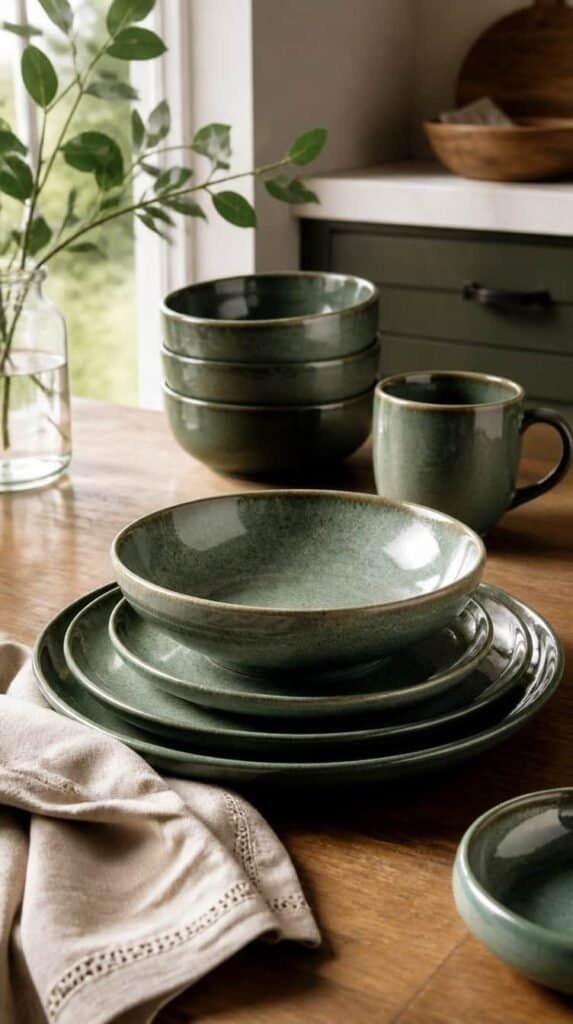 Green dinnerware set stacked on a wood kitchen table