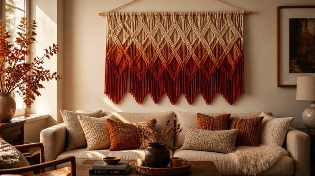 Living room styled with a bold rust ombre diamond pattern macrame wall hanging above a sofa