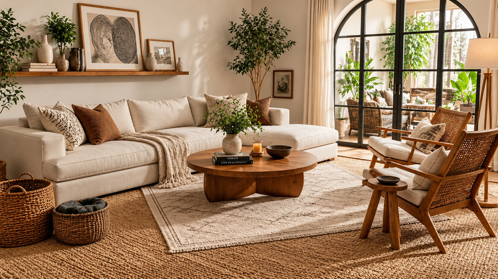 Finished organic modern living room styled with layered natural fiber texture