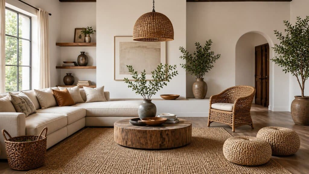 Organic modern living room styled with jute rug, rattan accents, and woven baskets