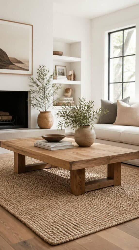 Chunky jute area rug layered under a coffee table in a living room