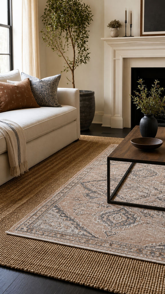 Wool accent rug layered on top of a jute area rug in a living room