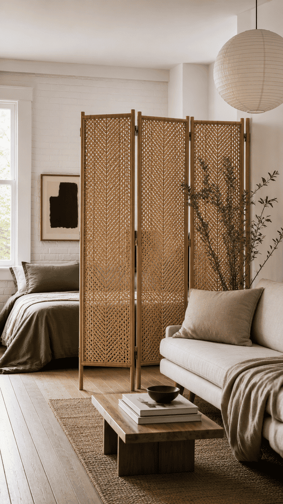 Woven bamboo room divider screen separating a small living space