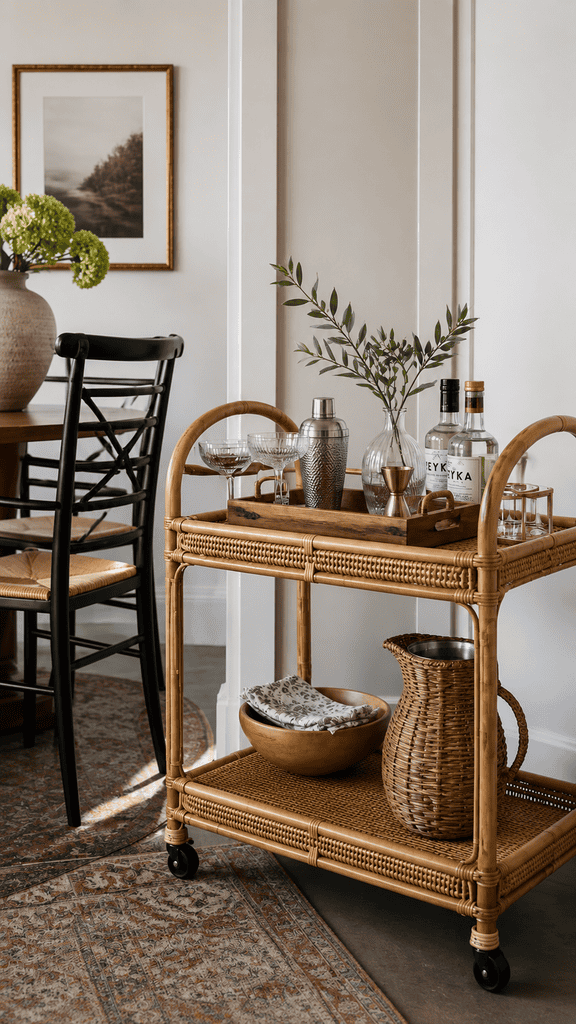 Rattan bar cart styled with glassware in a dining nook