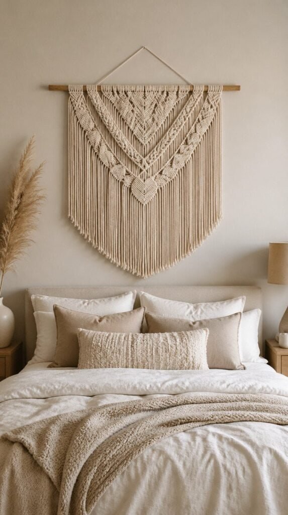 Macrame wall hanging displayed above a bed in a neutral bedroom