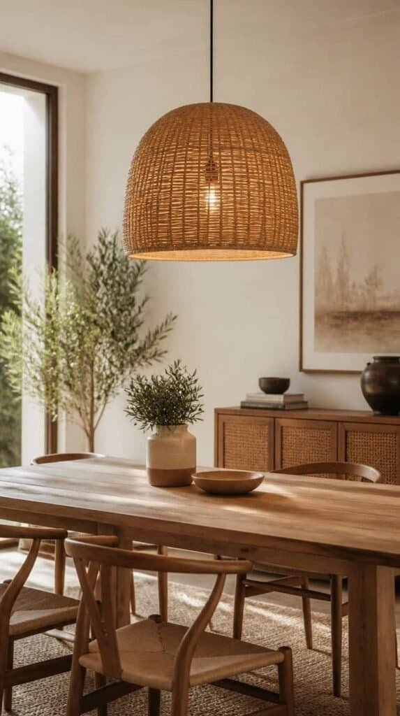 Woven rattan pendant light hanging above a dining table