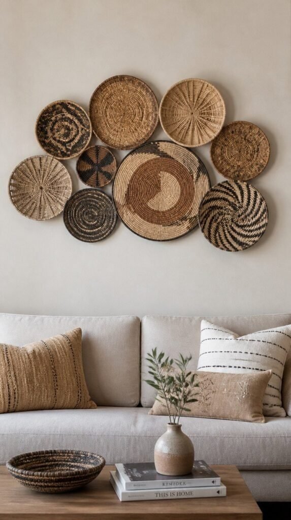 Woven basket wall art arranged in a cluster above a sofa