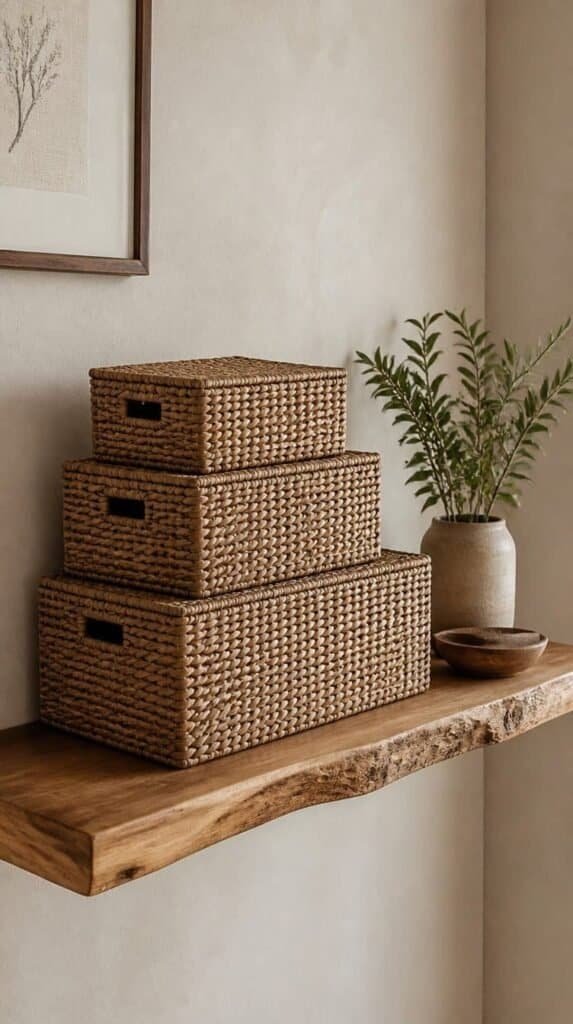 Seagrass storage baskets stacked on an open shelf