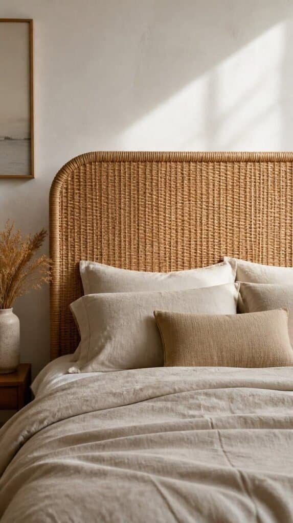 Woven rattan headboard framing a bed with neutral linens