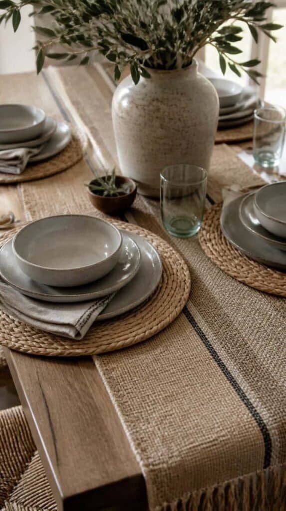 Woven placemats and a jute table runner set on a dining table