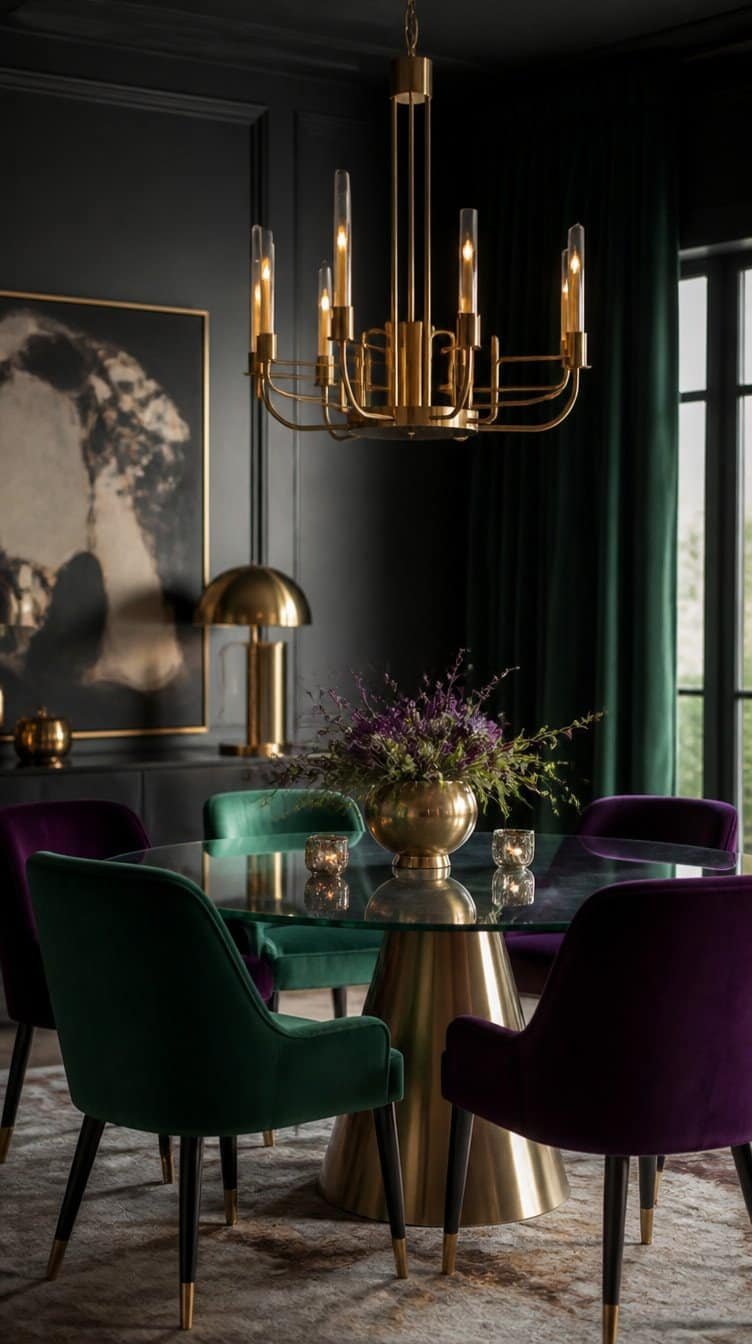 Velvet dining chairs around glass table