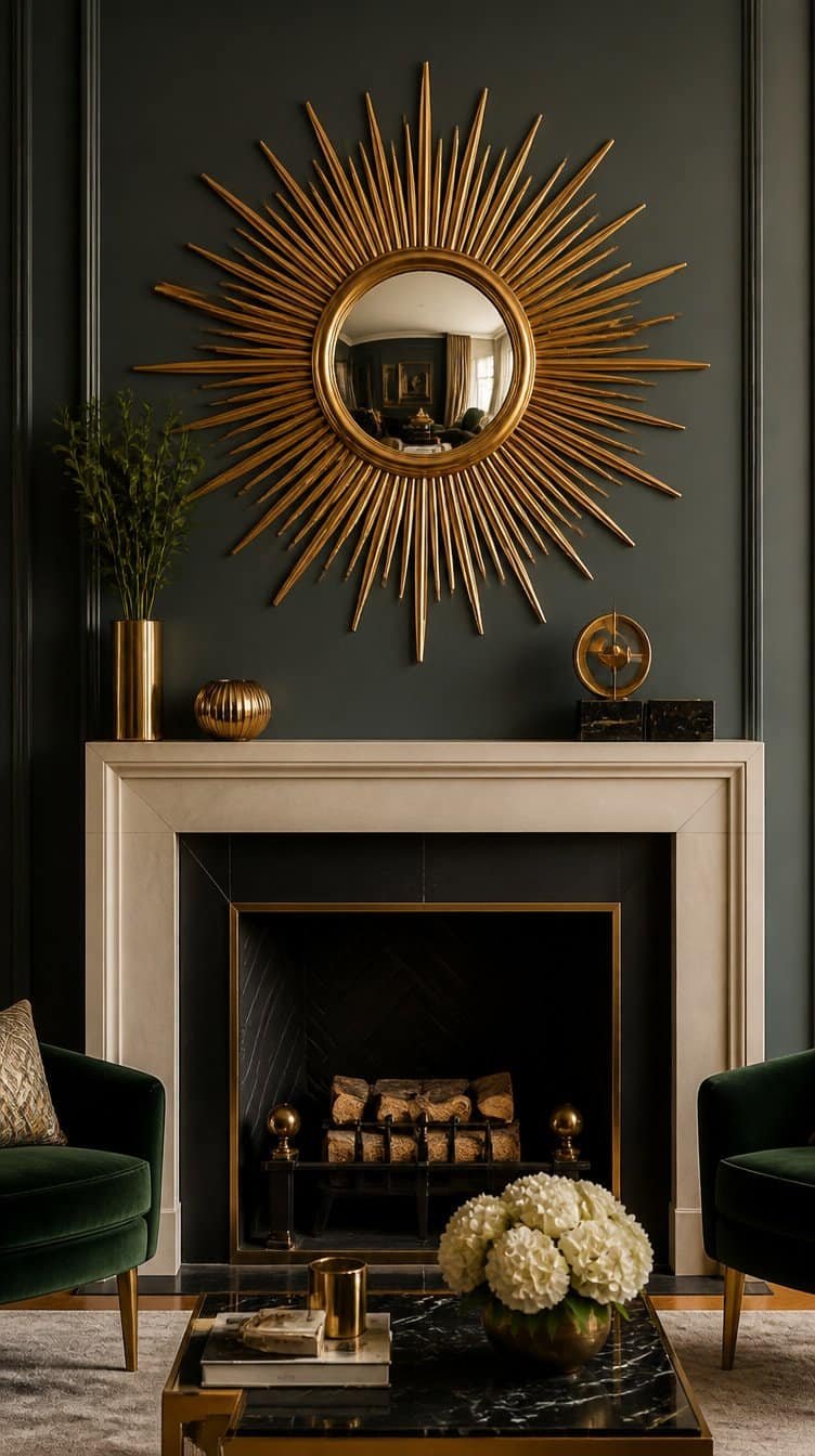 Brass sunburst mirror above fireplace mantel
