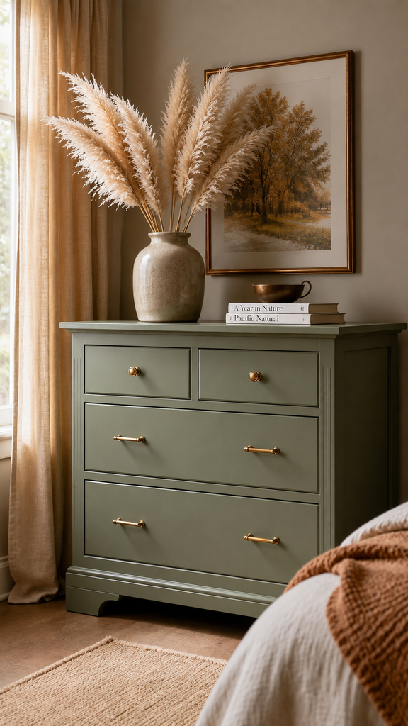 Finished sage green painted dresser styled in a cozy fall bedroom with dried pampas grass