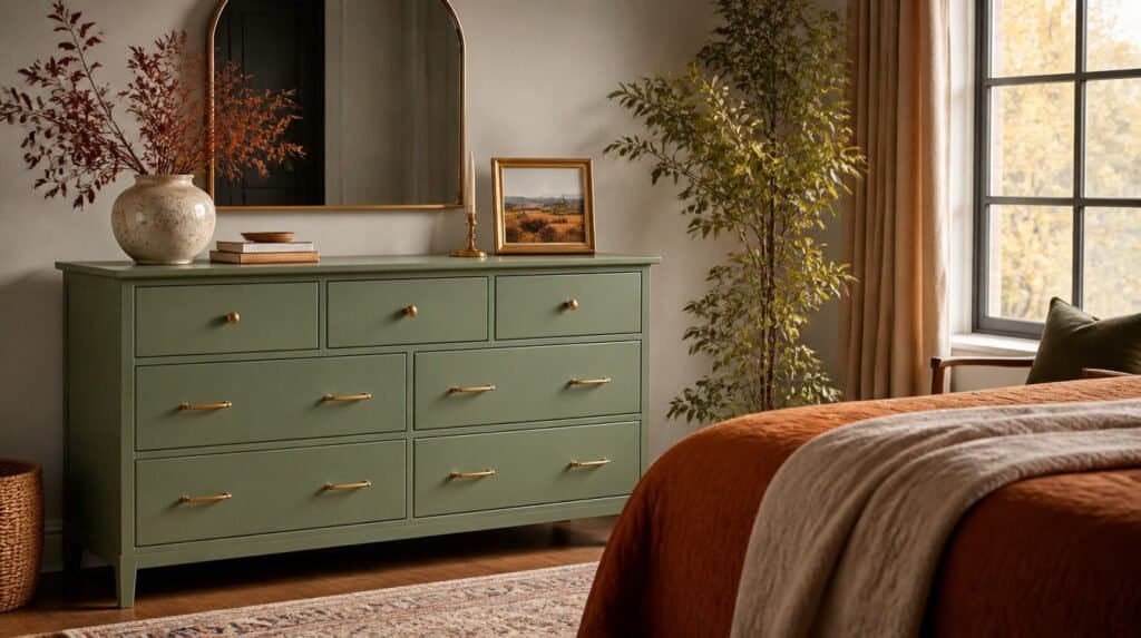 Freshly painted sage green dresser styled in a warm fall bedroom with brass hardware