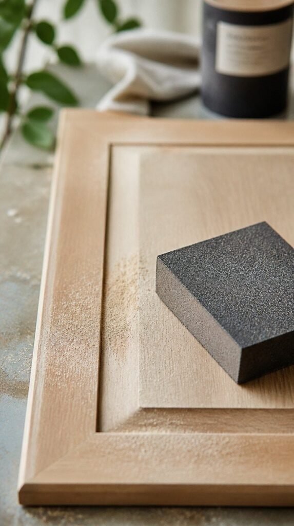 Sanding sponge lightly scuffing a wood cabinet door before priming