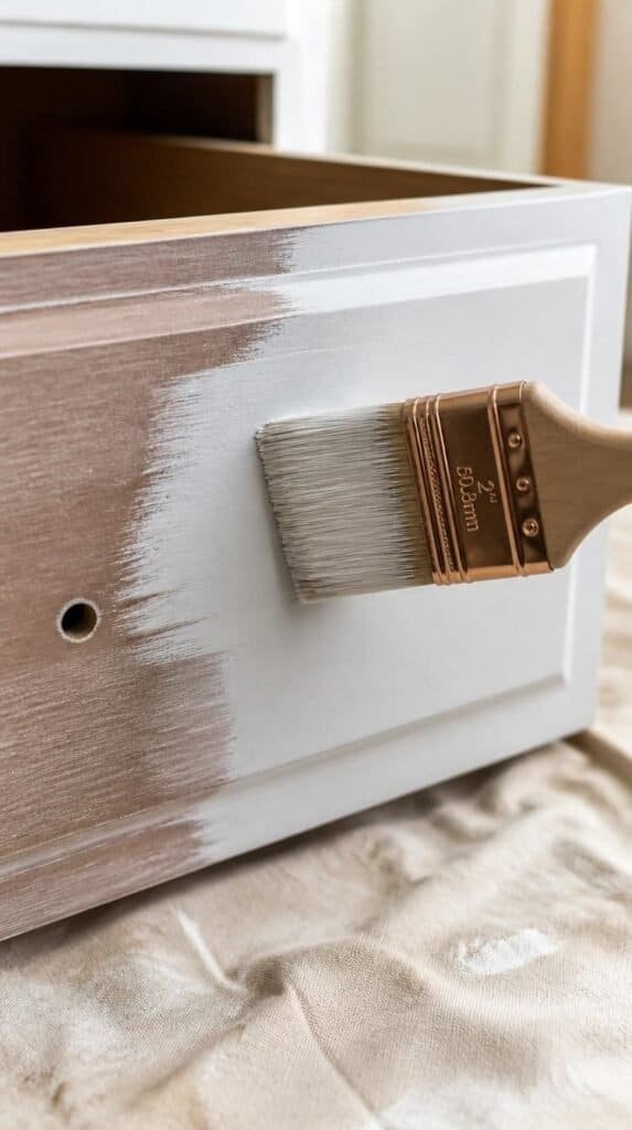 Paintbrush applying white bonding primer to a wood furniture drawer front