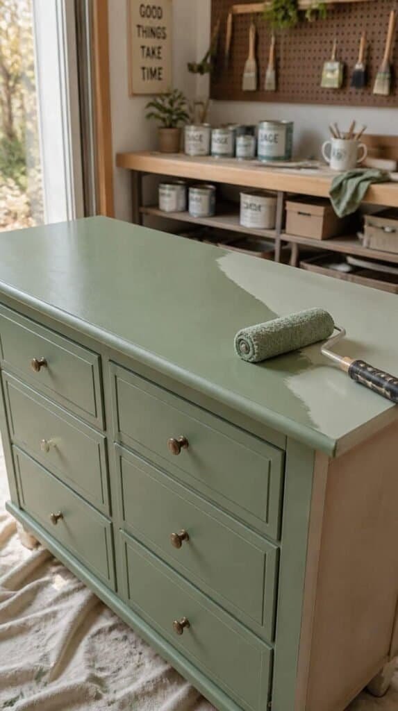 Foam roller applying sage green furniture paint to a dresser top