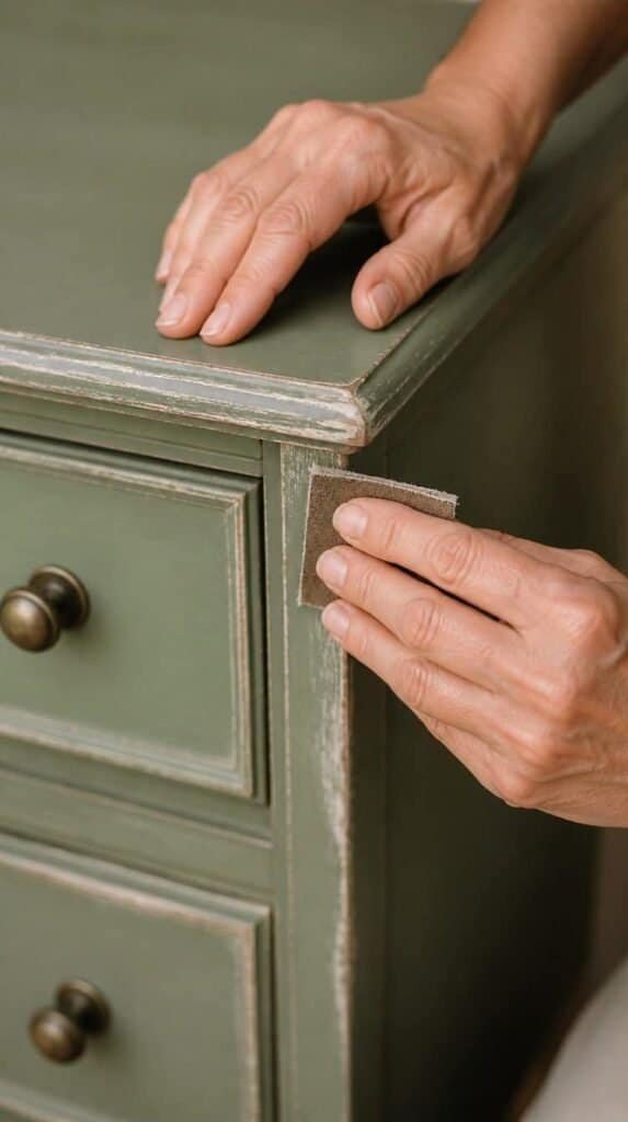 Hands lightly sanding the edge of a painted dresser for a distressed look