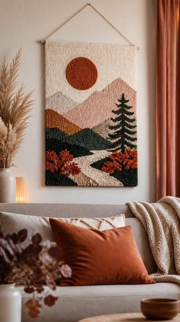 Finished punch needle embroidery wall hanging displayed in a cozy living room