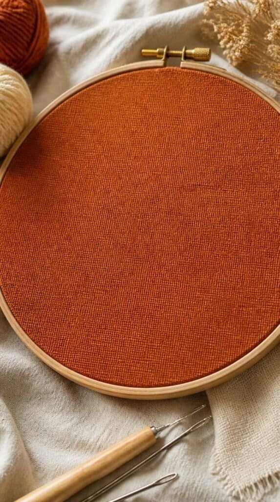 Monks cloth fabric stretched tight inside a wood embroidery hoop for punch needle