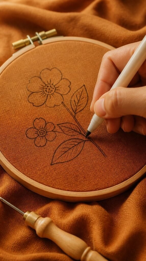 Hand drawing a simple floral outline onto monks cloth with a fabric marker