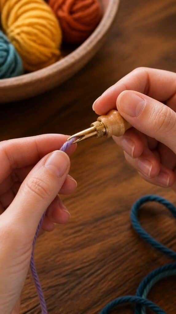 Close up of hands threading colorful yarn through an adjustable punch needle tool