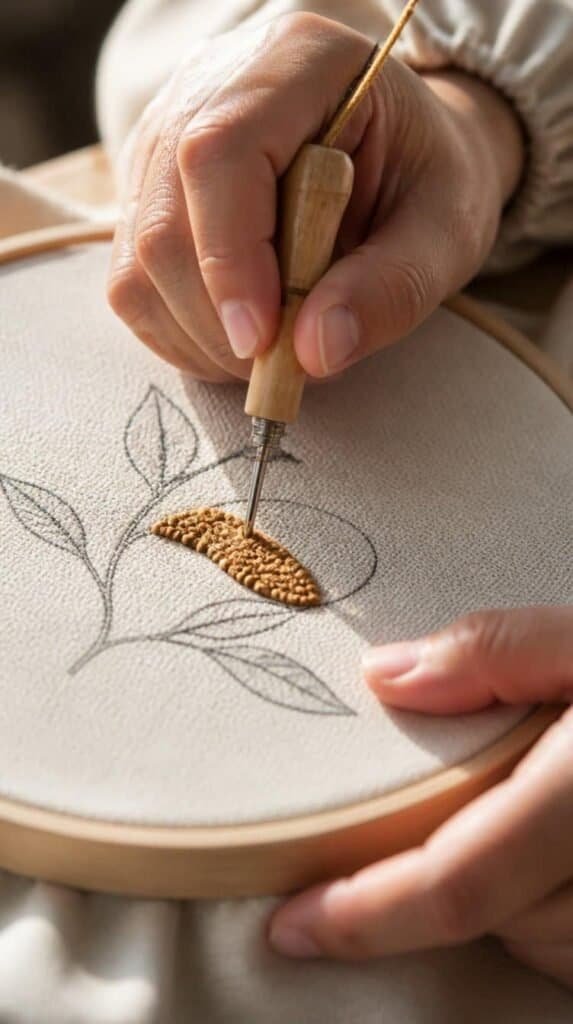 Hands guiding a threaded punch needle along a marked outline on stretched fabric