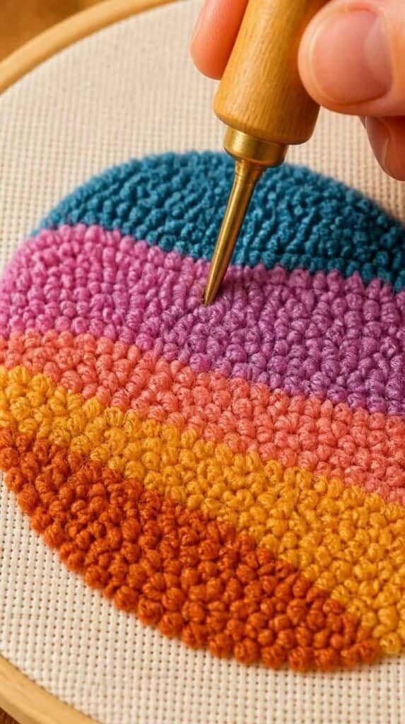 Punch needle filling in a rounded shape with dense colorful loops row by row