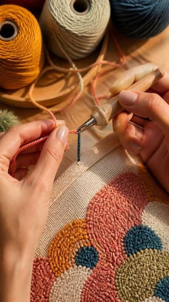 Hands changing yarn colors on a punch needle tool mid project