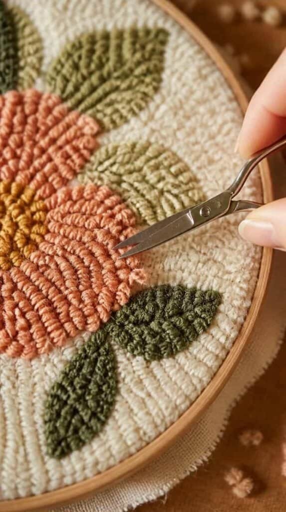 Small scissors trimming uneven yarn loops on a finished punch needle piece