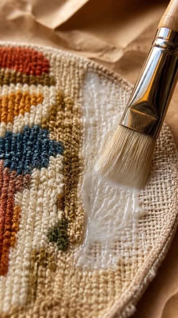 Fabric glue being applied to the back of a finished punch needle embroidery piece