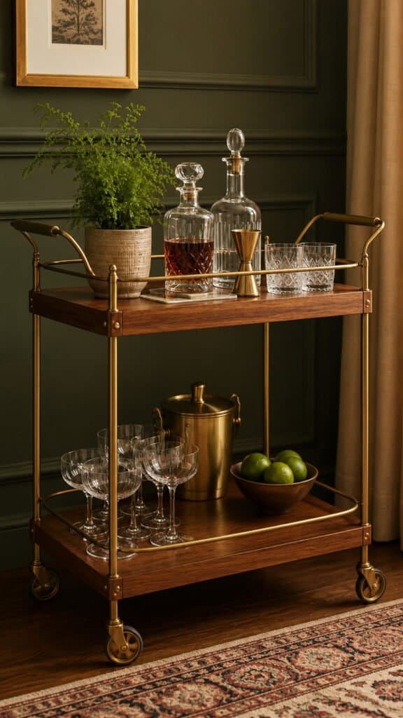 Styled wood bar cart with brass details holding glassware and a small plant
