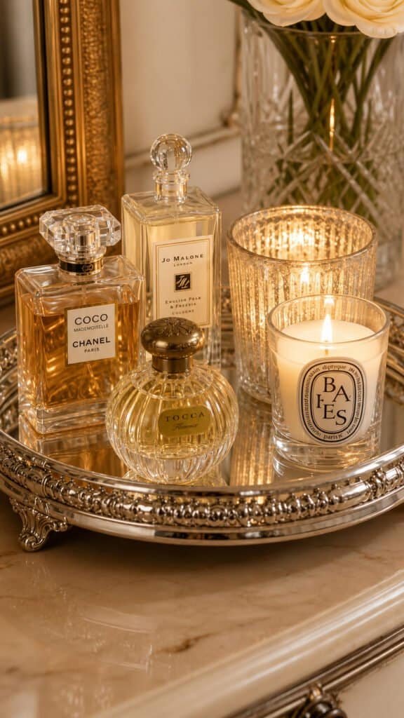 Polished silver serving tray holding perfume bottles and candles on a dresser top
