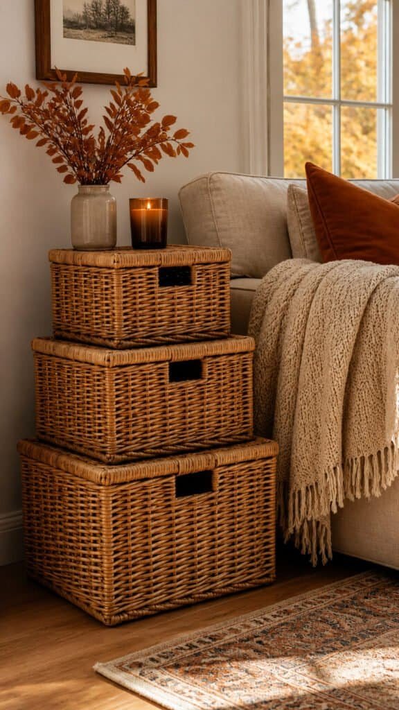 Graduated stack of woven wicker storage baskets beside a sofa with a cozy throw blanket