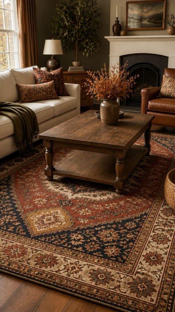 Vintage patterned wool area rug under a wood coffee table