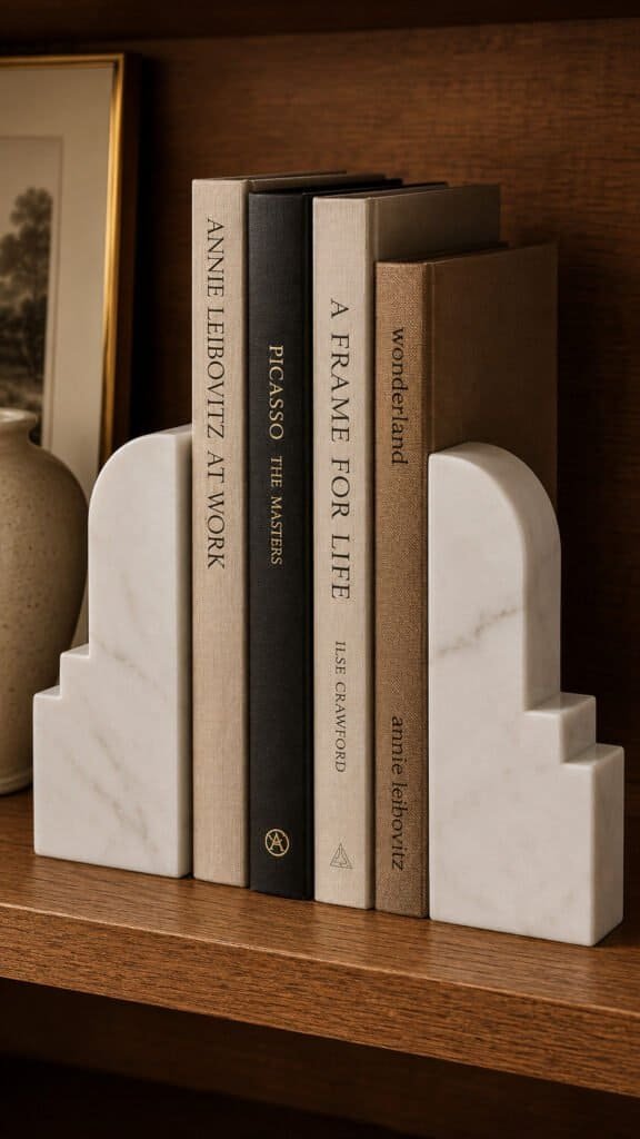 White marble bookends holding a small stack of books on a wood shelf
